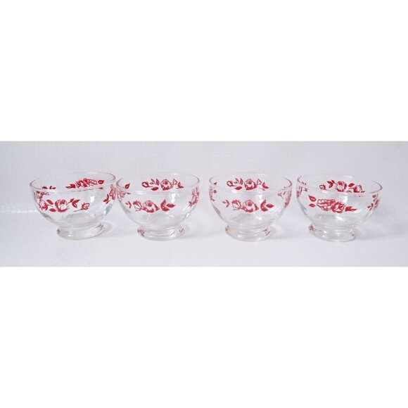 4 Sets of Dessert Bowls With Under Plate Red Rose Design Dominion Glass Vintage - Picture 2 of 6